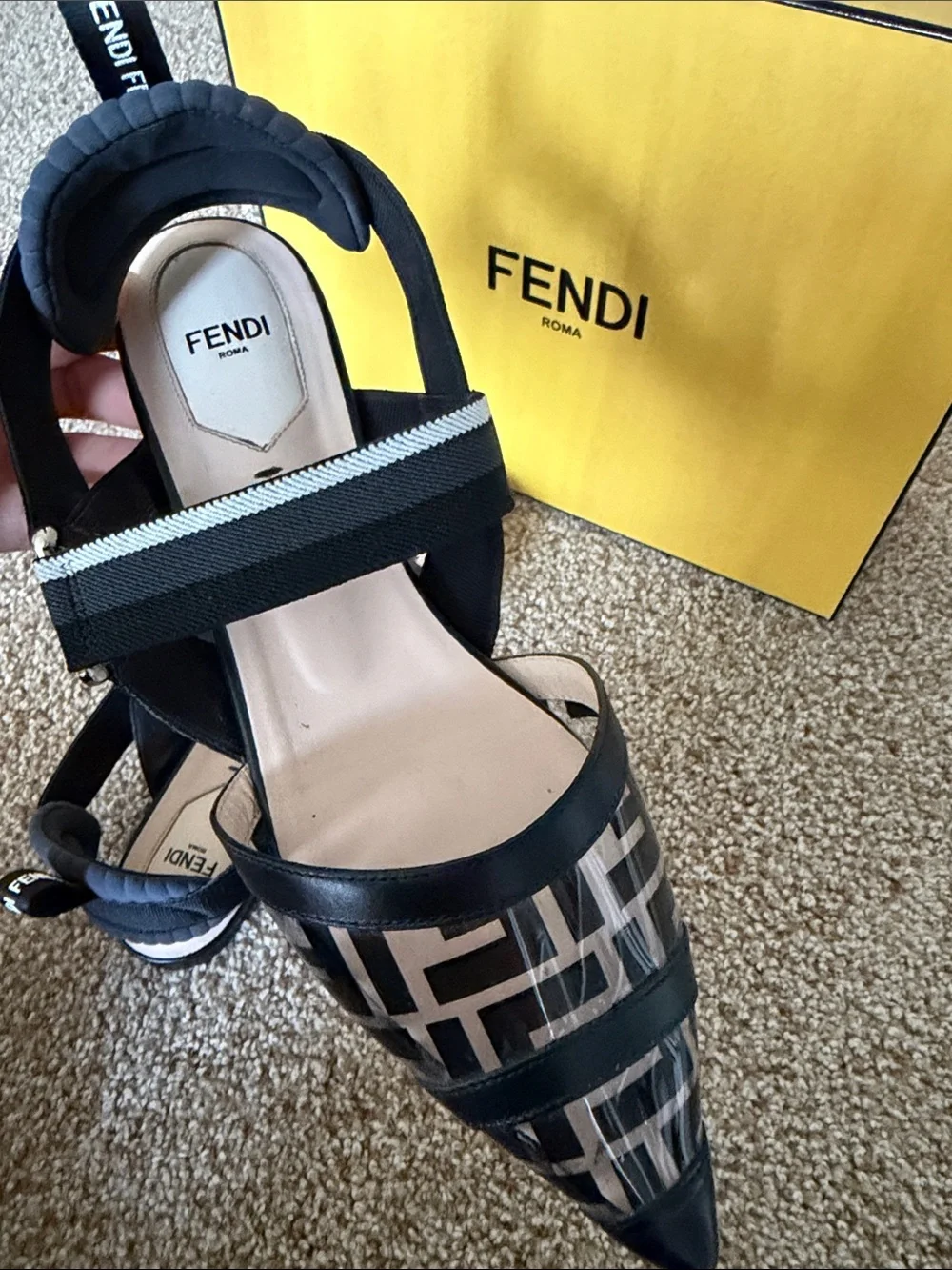 Fendi Black and Tan Logo Pointed Slingback Flats